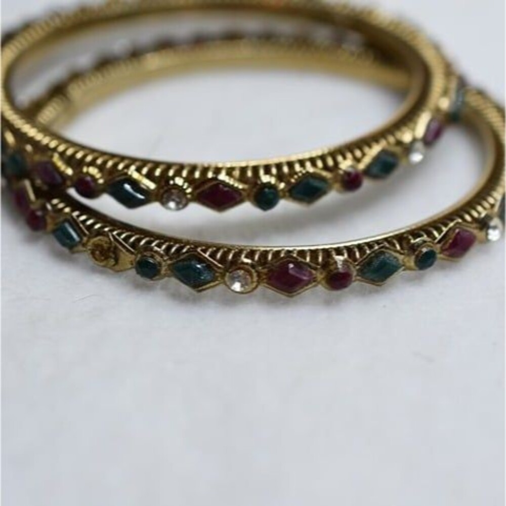 Prestigious Red/Green/Clear Rhinestone Gold Tone Stackable Flashy Bracelets